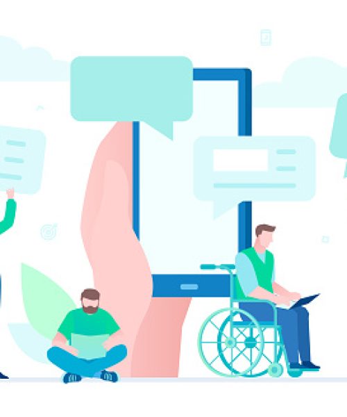 Live chat - flat design style illustration on white background. High quality composition with a team holding dialog boxes, hand with a smartphone. Disabled man in wheelchair working with a laptop